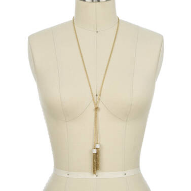Fairhaven Duo Tassel Neck Ivory Jewelry on figure for scale