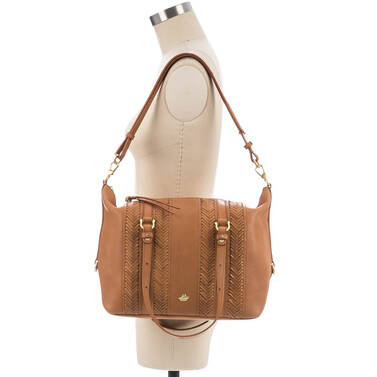 Delaney Satchel Tan Knoxville on figure for scale